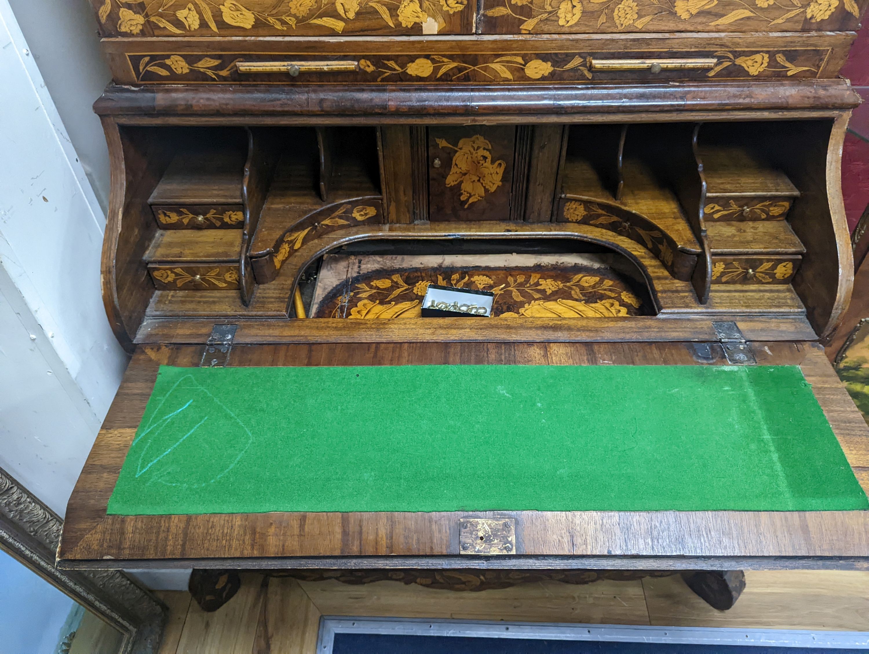 A Dutch floral marquetry walnut bombe bureau cabinet, width 120cm, depth 60cm, height 210cm